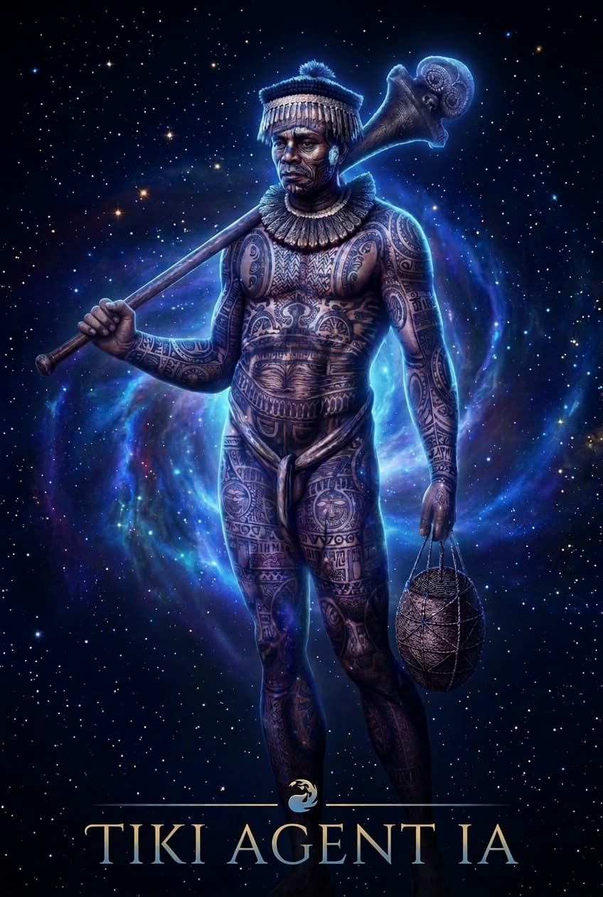 TIKI Agent IA, figure polynésienne dans un univers étoilé bleu